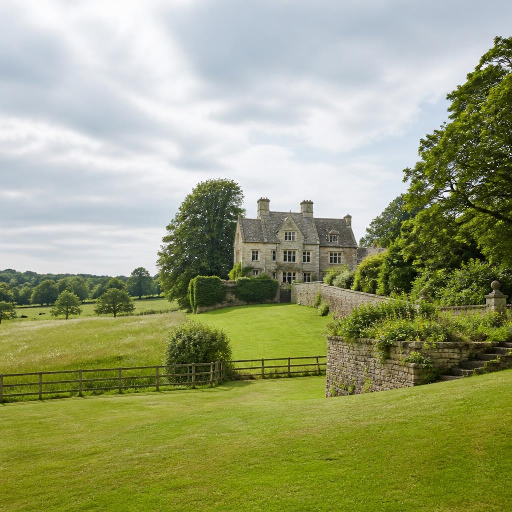 Illustrative English country home in a green landscape